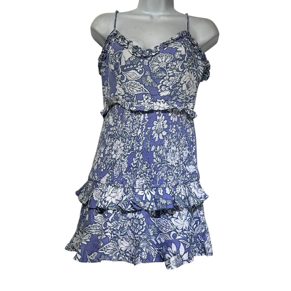 Hello Molly Blue White Floral Ruffle Smocked Romantic Mini Dress US Size 6